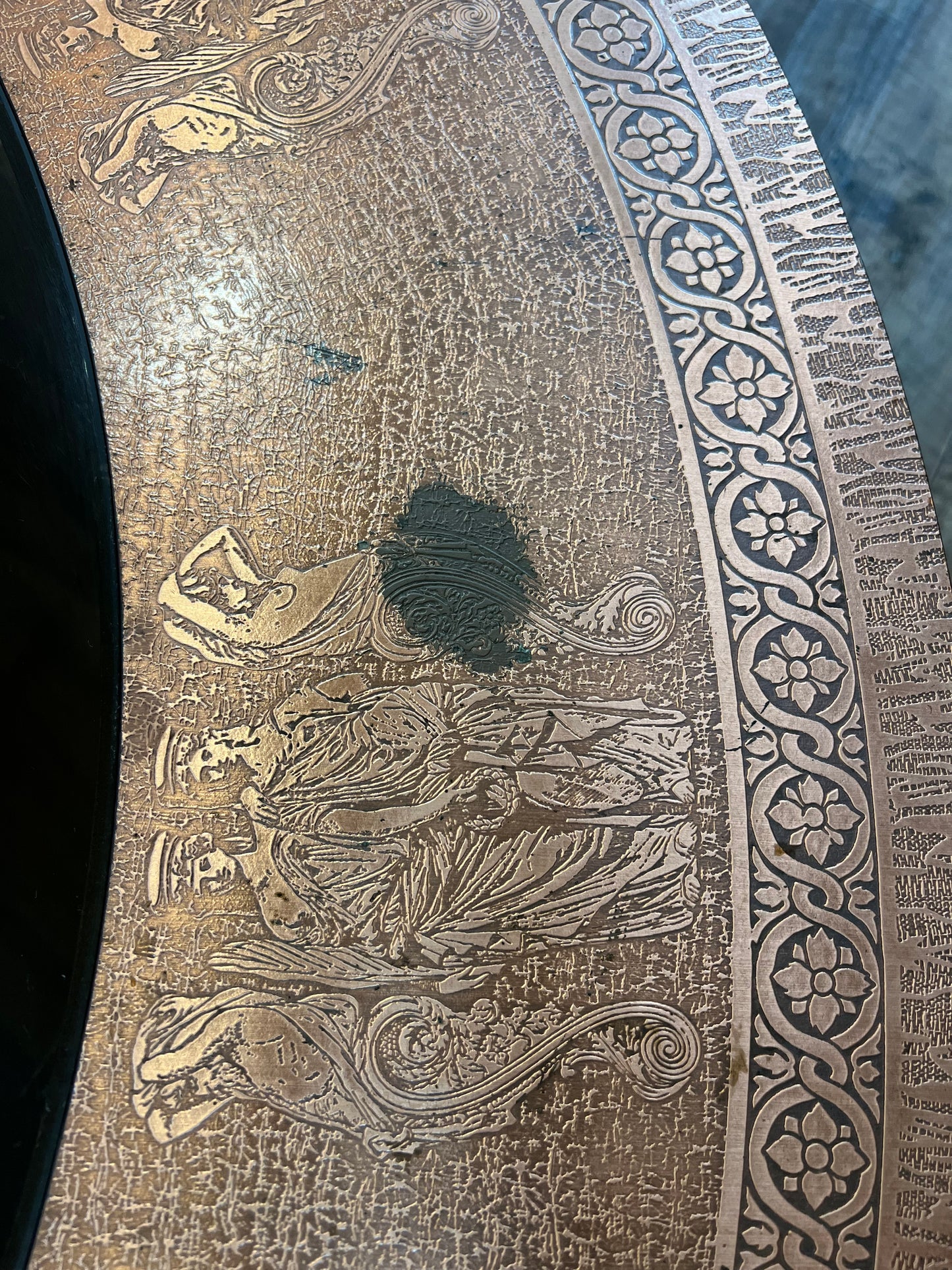 Pressed Copper & Glass Round Coffee Table with Lower Timber Shelf
