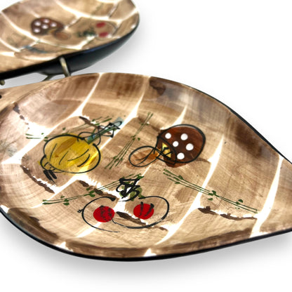 Leaf shape Serving dish Set – Hand-Painted mushroom pattern & Metal carry Stand