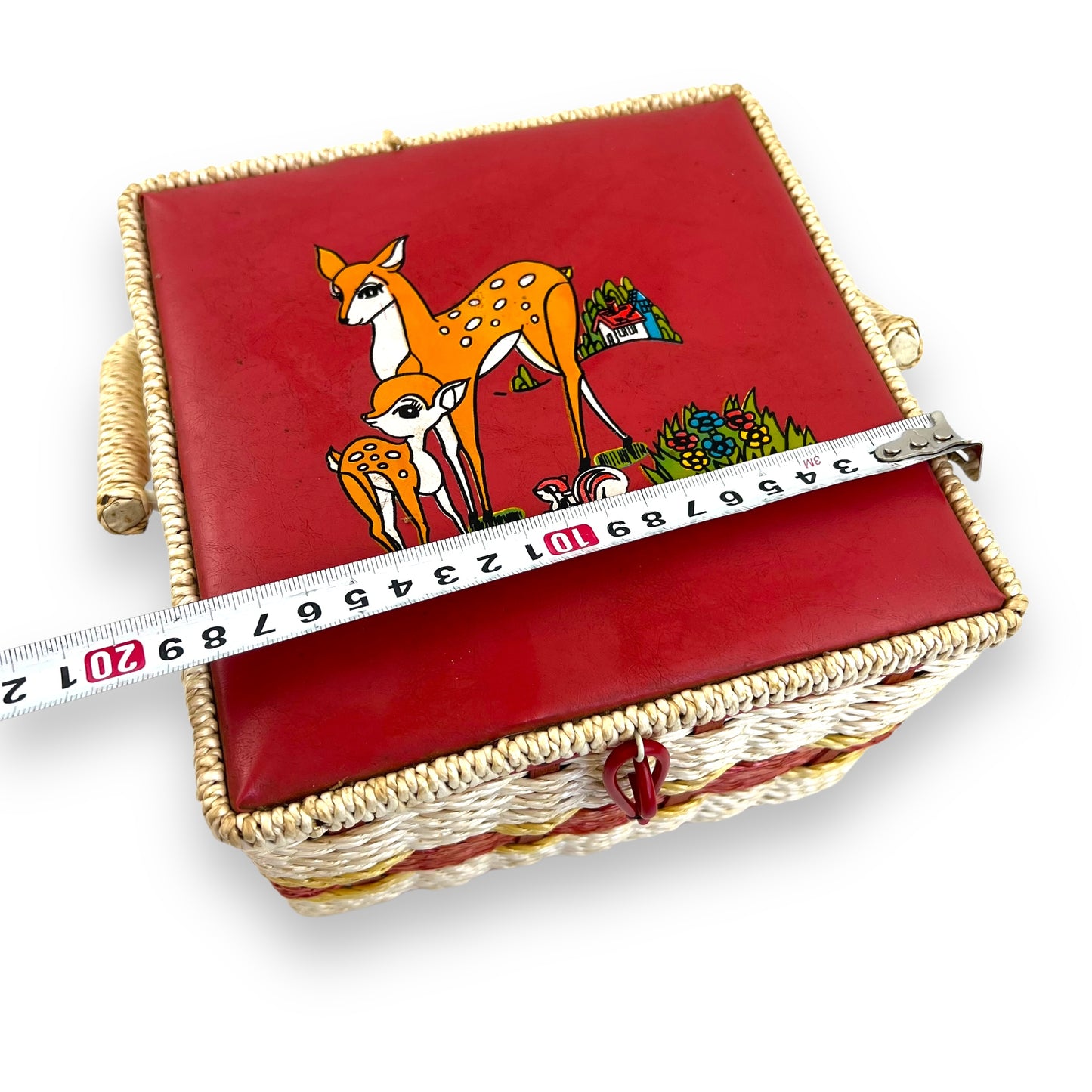 Vintage red and white sewing box with deer artwork