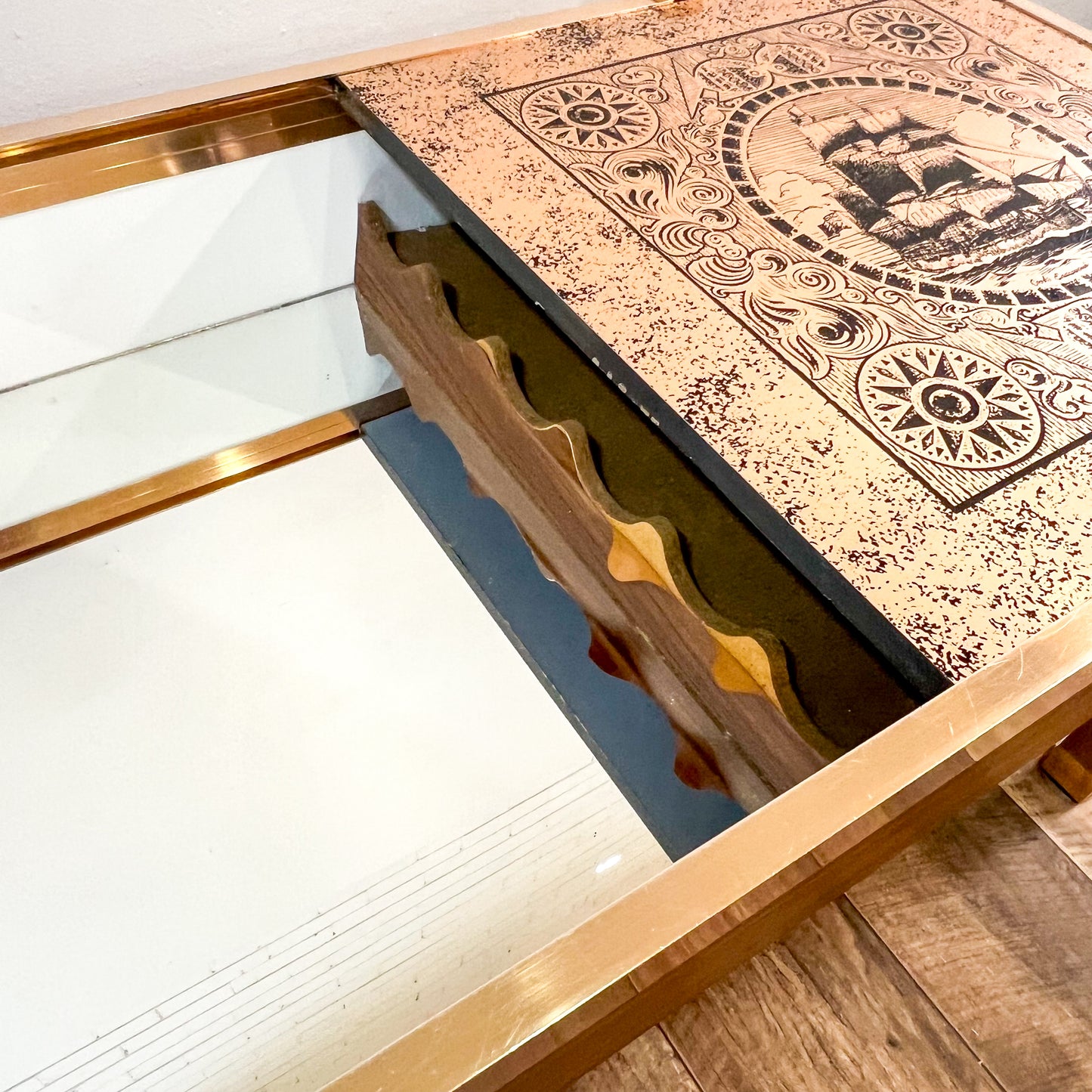 Cooks Endeavour ship copper coloured sliding internal bar coffee table