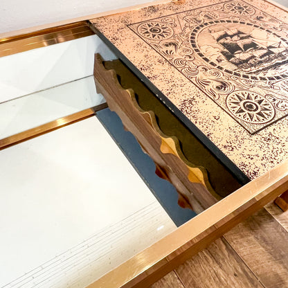Cooks Endeavour ship copper coloured sliding internal bar coffee table