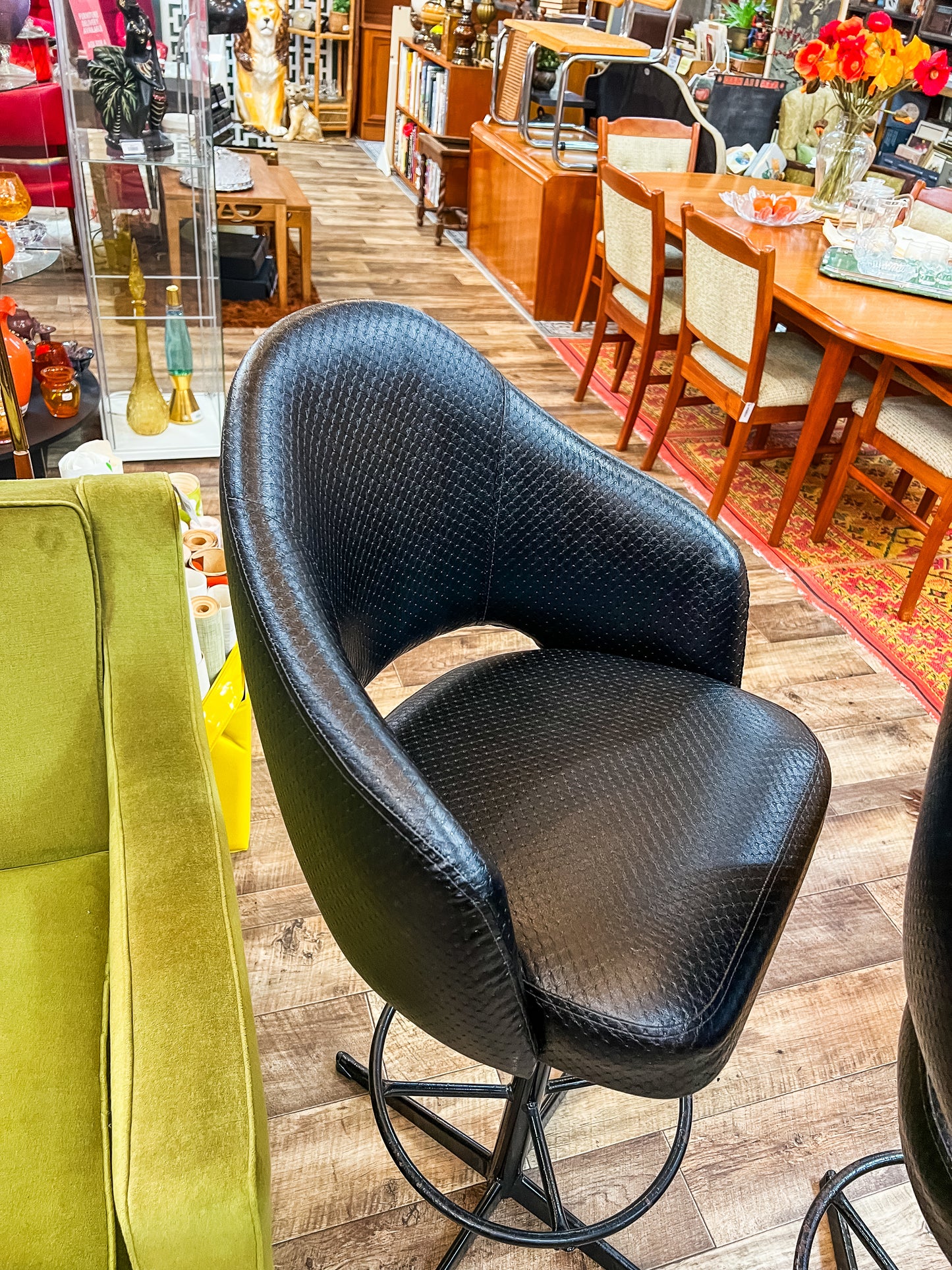Pair of Black Vinyl Bar Stools with Footrest Base
