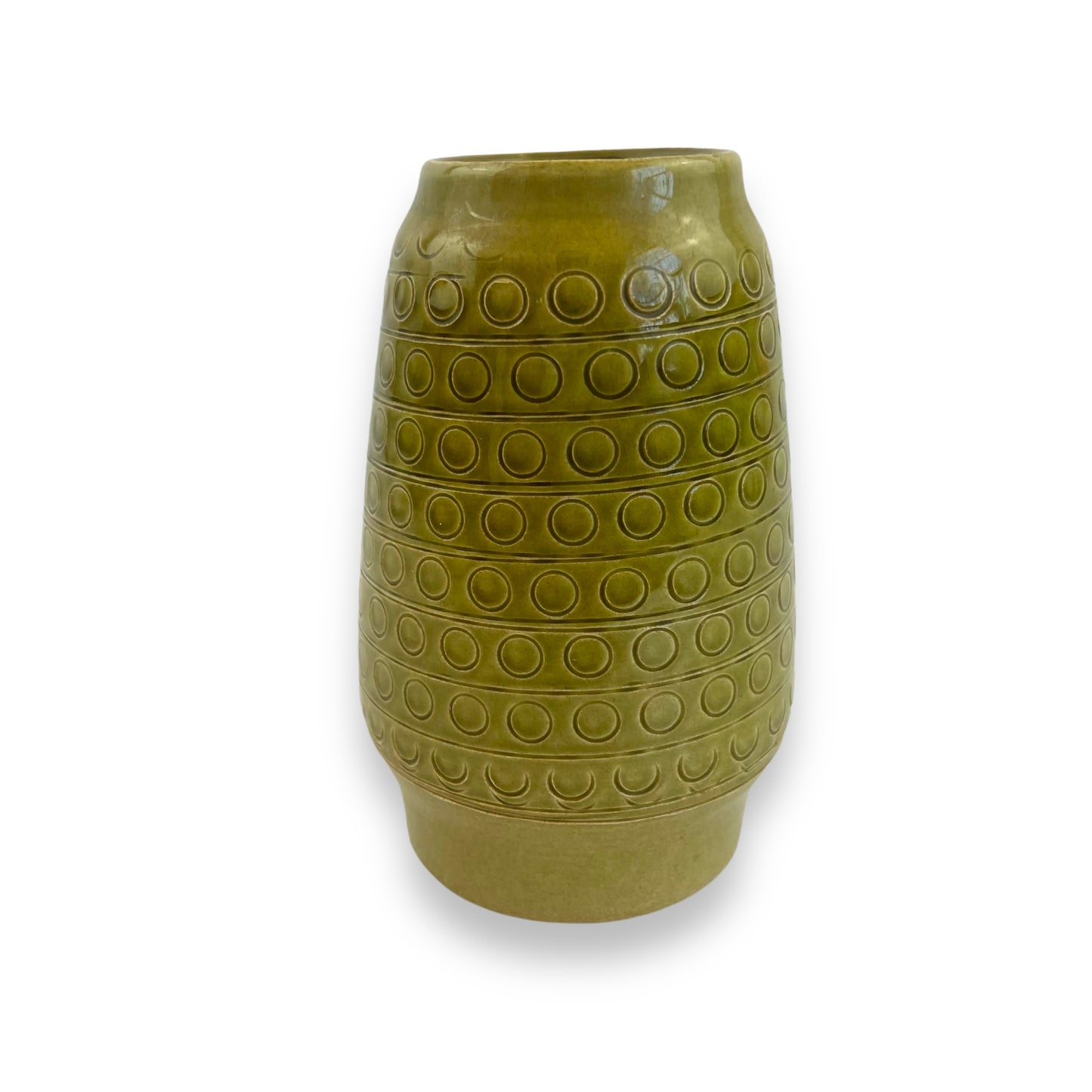 West German Pottery Vase - Stamped 657-14, Olive Green with Embossed Circle Design