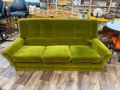 1970s Avocado Green Velvet Three Seater Lounge Sofa