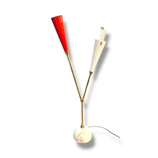 Red & White Mid Century Lamp — Brass & Marble Base, Red and White Shades (Missing Outer Reflector Shade)