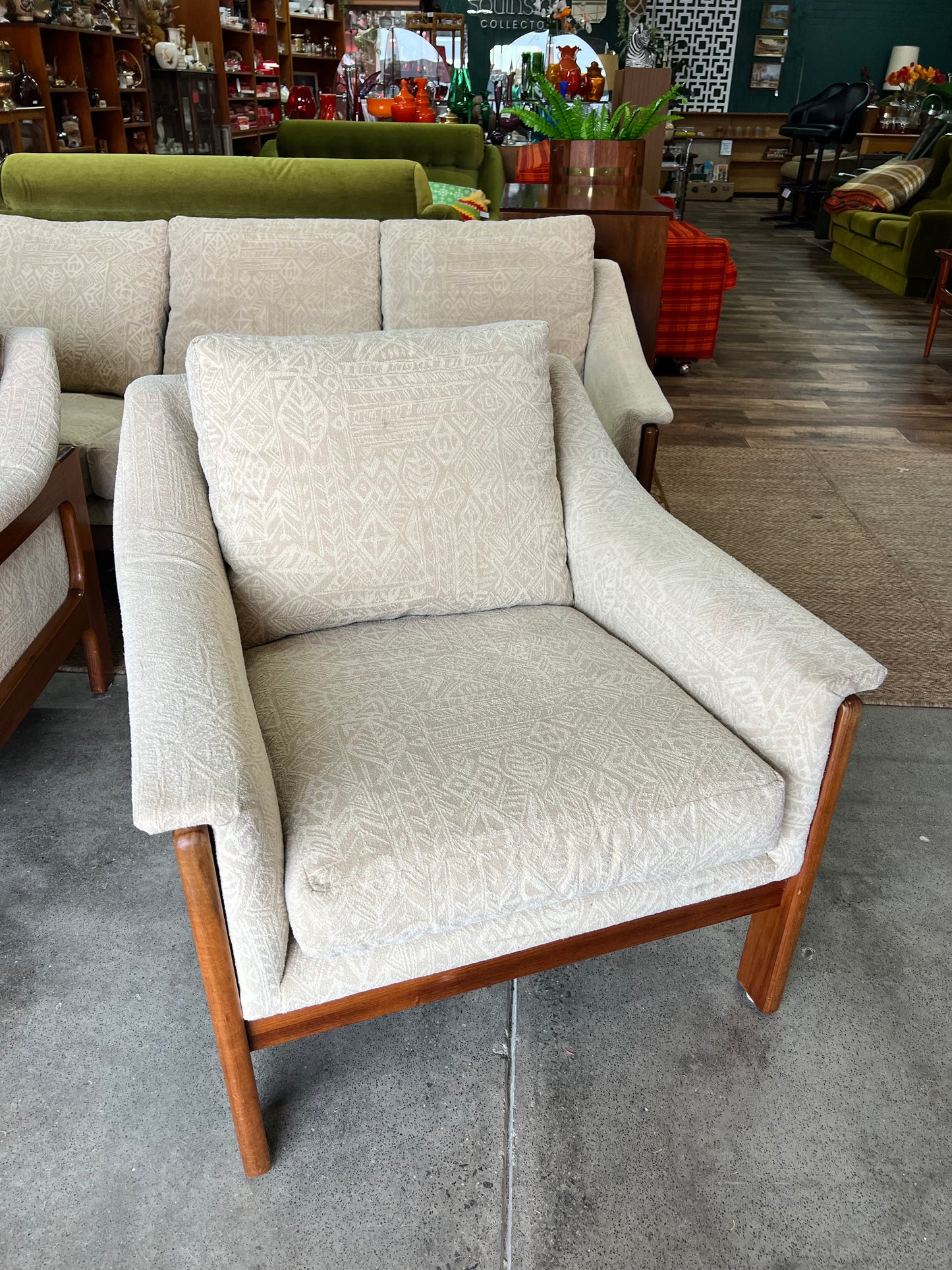 2. Danish Deluxe Single Lounge Chair Cream Patterned Upholstery