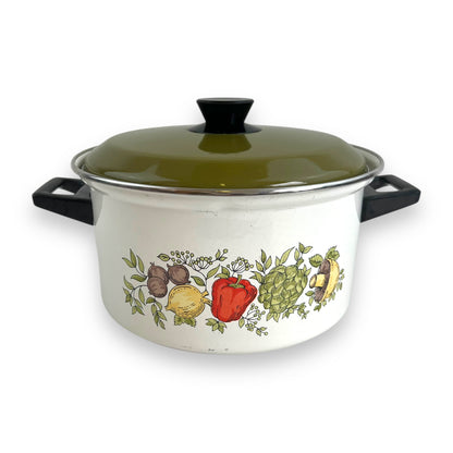 Enamel cooking pot with vegetable decal and green lid