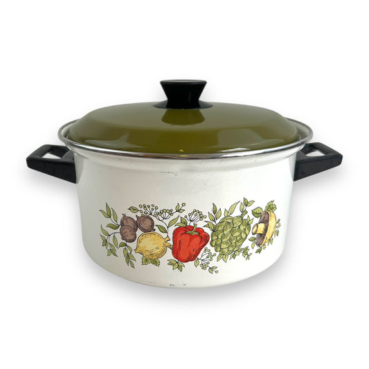 Enamel cooking pot with vegetable decal and green lid