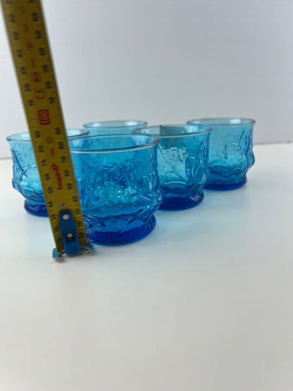 Anchor Hocking Rainflower Laser Blue Glasses- Set of 5 Vintage 1970s