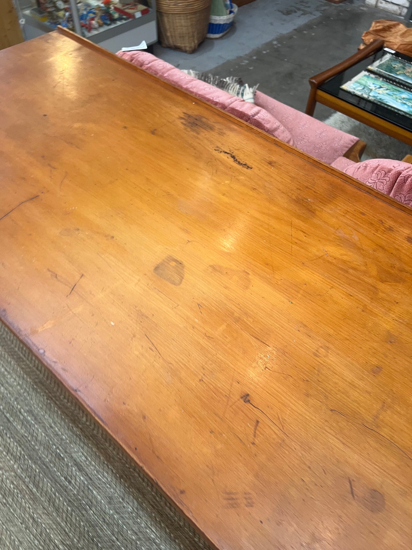 Vintage Timber Bar Table / Kitchen Island / Console Table with Wrought Iron Curly Base