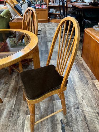 Wooden Round Glass Top Dining Table & 4 Chairs with brown velvet cushions