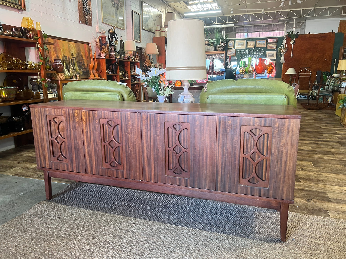Avalon Mid Century Walnut Sideboard / Buffet Cabinet with Carved Doors