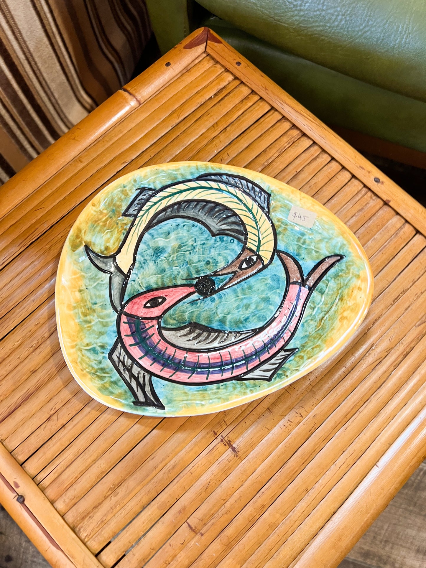 Hand-Painted Modernist Fish Ceramic Dish