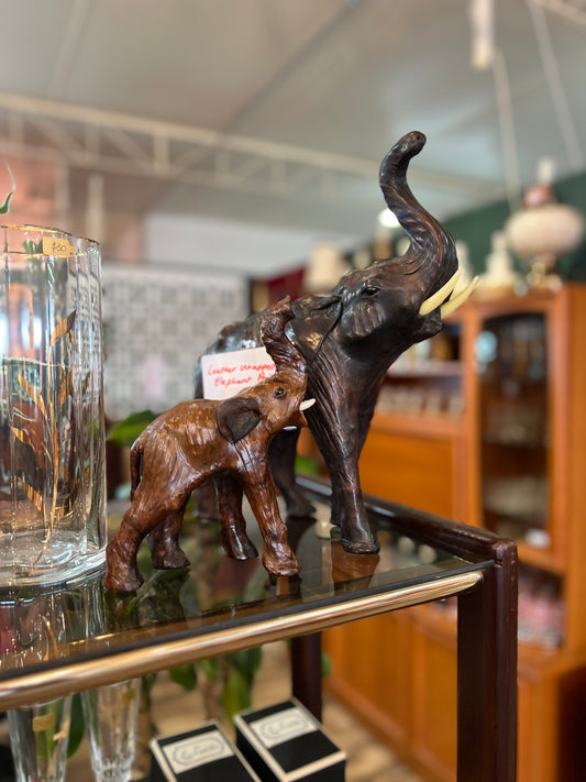 Leather Wrapped Elephant Pair with Raised Trunks