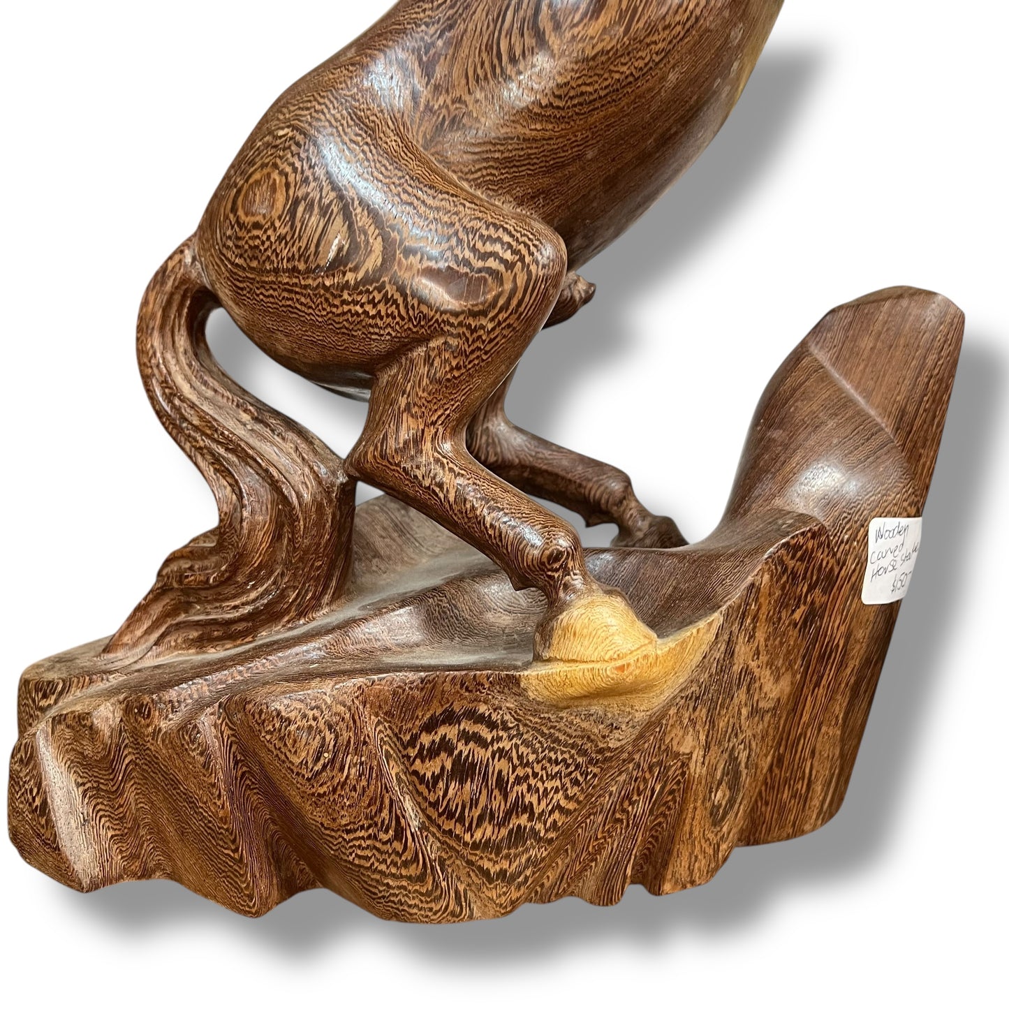 Large Hand-Carved Wooden Rearing Horse Sculpture