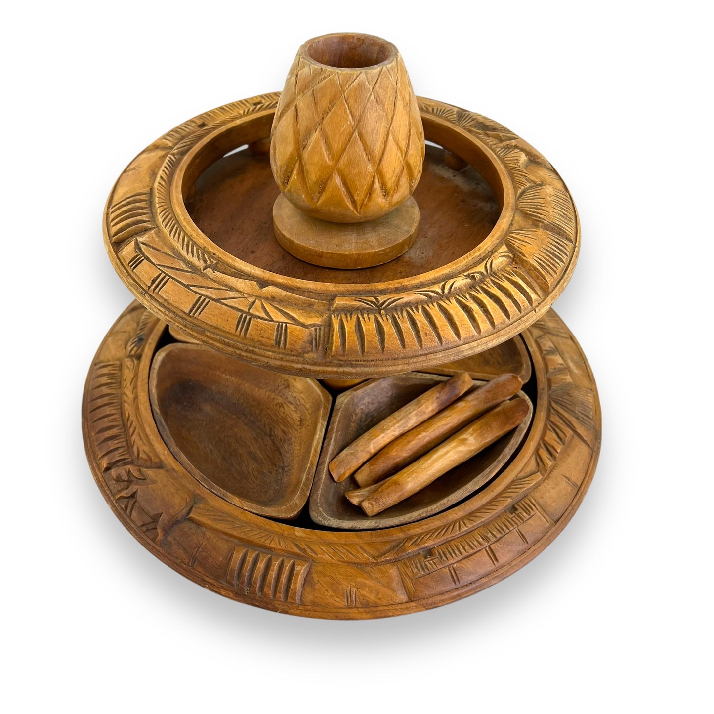 Wooden Tiki Monkey Pod Two Tier Lazy Susan Server