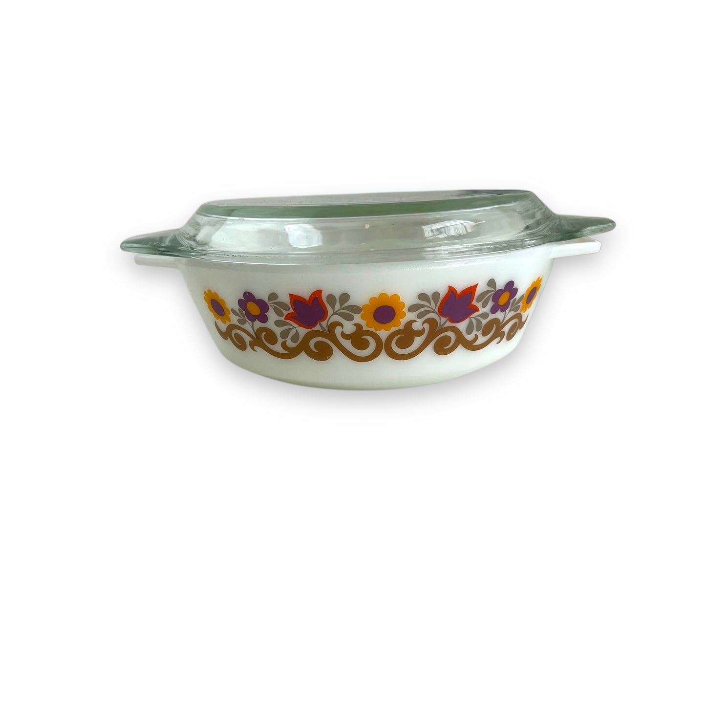 JAJ Pyrex England Briarwood Colourful Flower Dish Set small & large with lids (one lid not original it’s Pyrex)