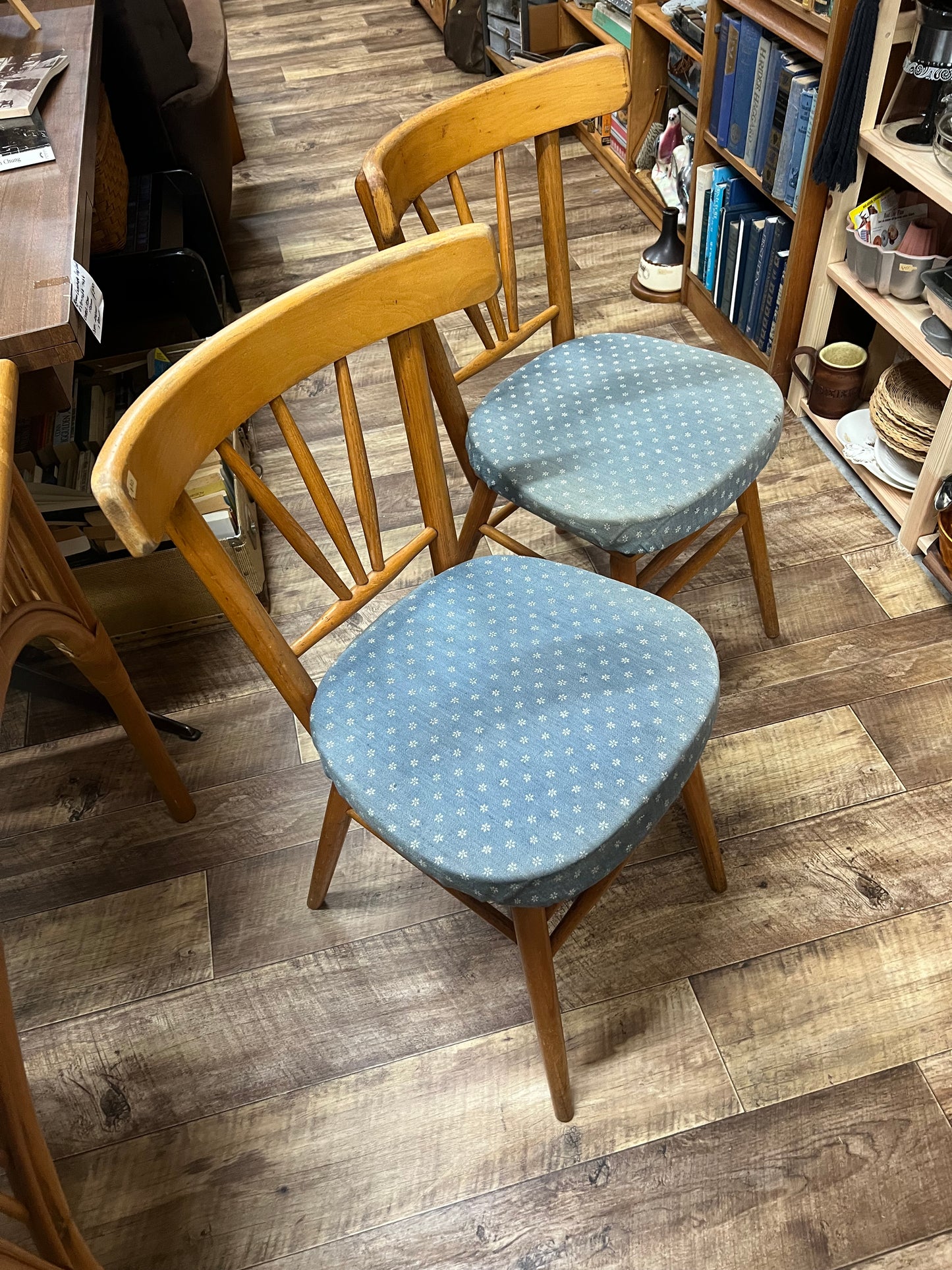 Pair of Timber Dining Chairs with Blue Patterned Upholstered Seats