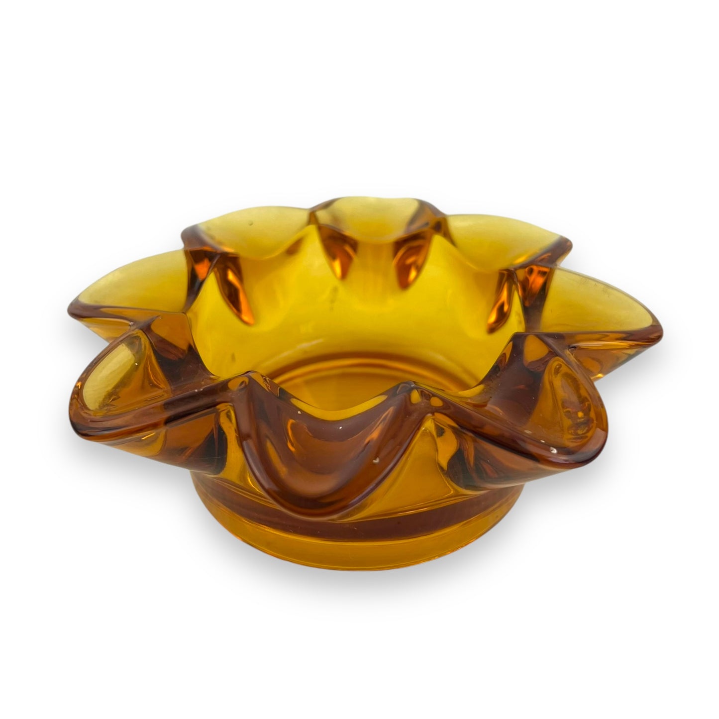 Amber Glass Ashtray or Trinket Dish – Crimped Edge – Mid-Century