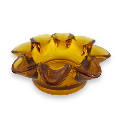 Amber Glass Ashtray or Trinket Dish – Crimped Edge – Mid-Century