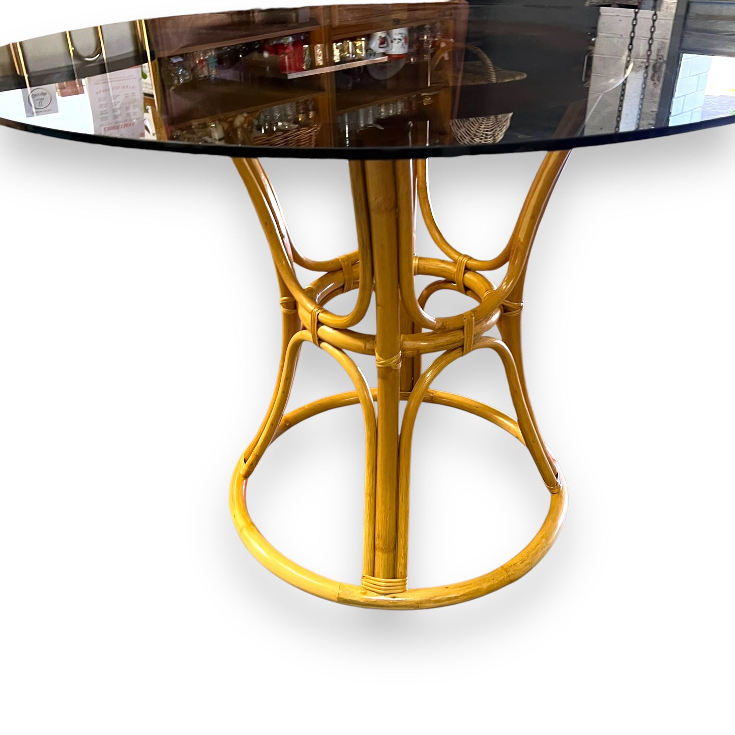 Cane Dining Table with Black Glass Round Top
