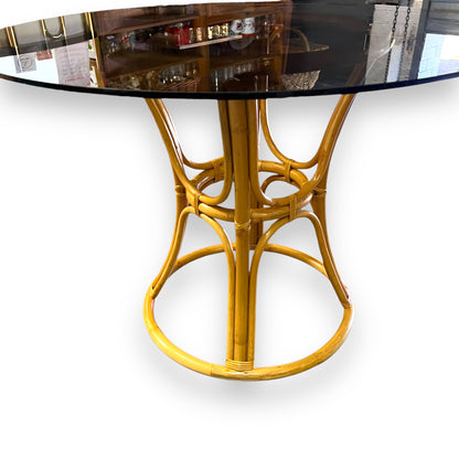 Cane Dining Table with Black Glass Round Top