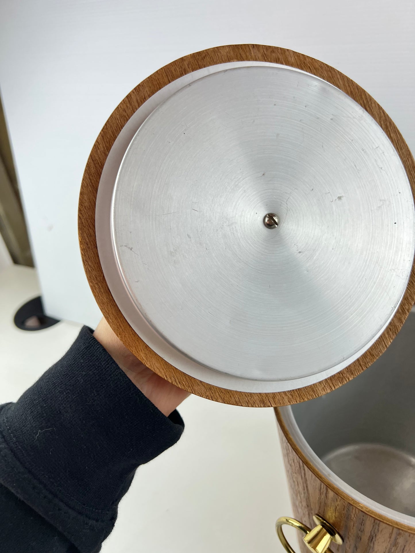 Teak Veneer & Brass Ice Bucket with Ring Handles