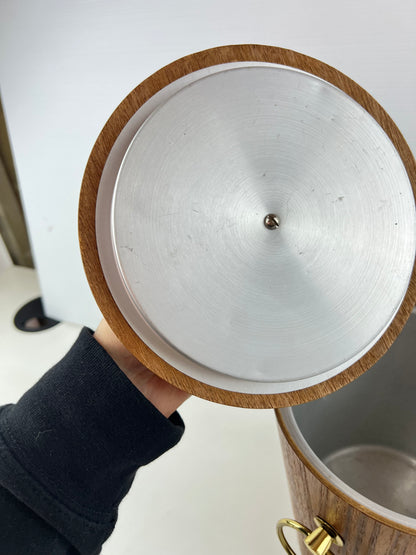 Teak Veneer & Brass Ice Bucket with Ring Handles