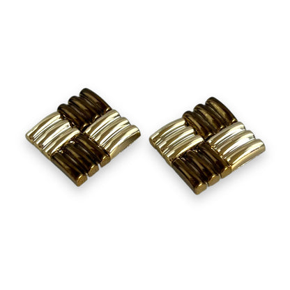 Bronze & Gold Check Pattern Clip On Earrings - Made in West Germany