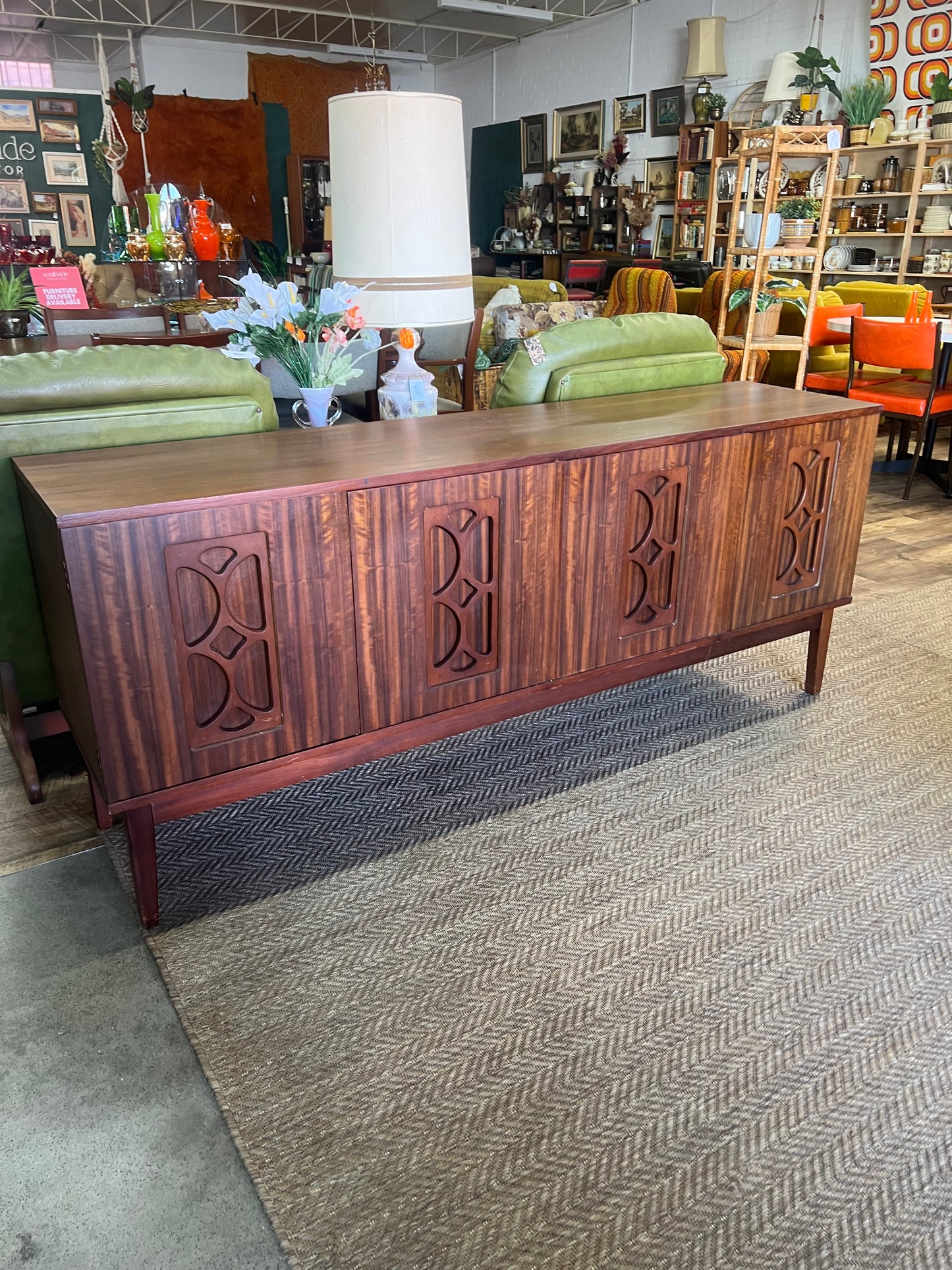 Avalon Mid Century Walnut Sideboard / Buffet Cabinet with Carved Doors