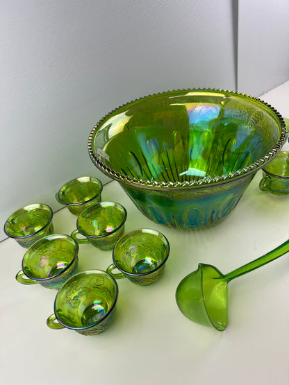 Green Carnival Glass Punch Bowl Set – 12 Cups, Ladle & Hooks