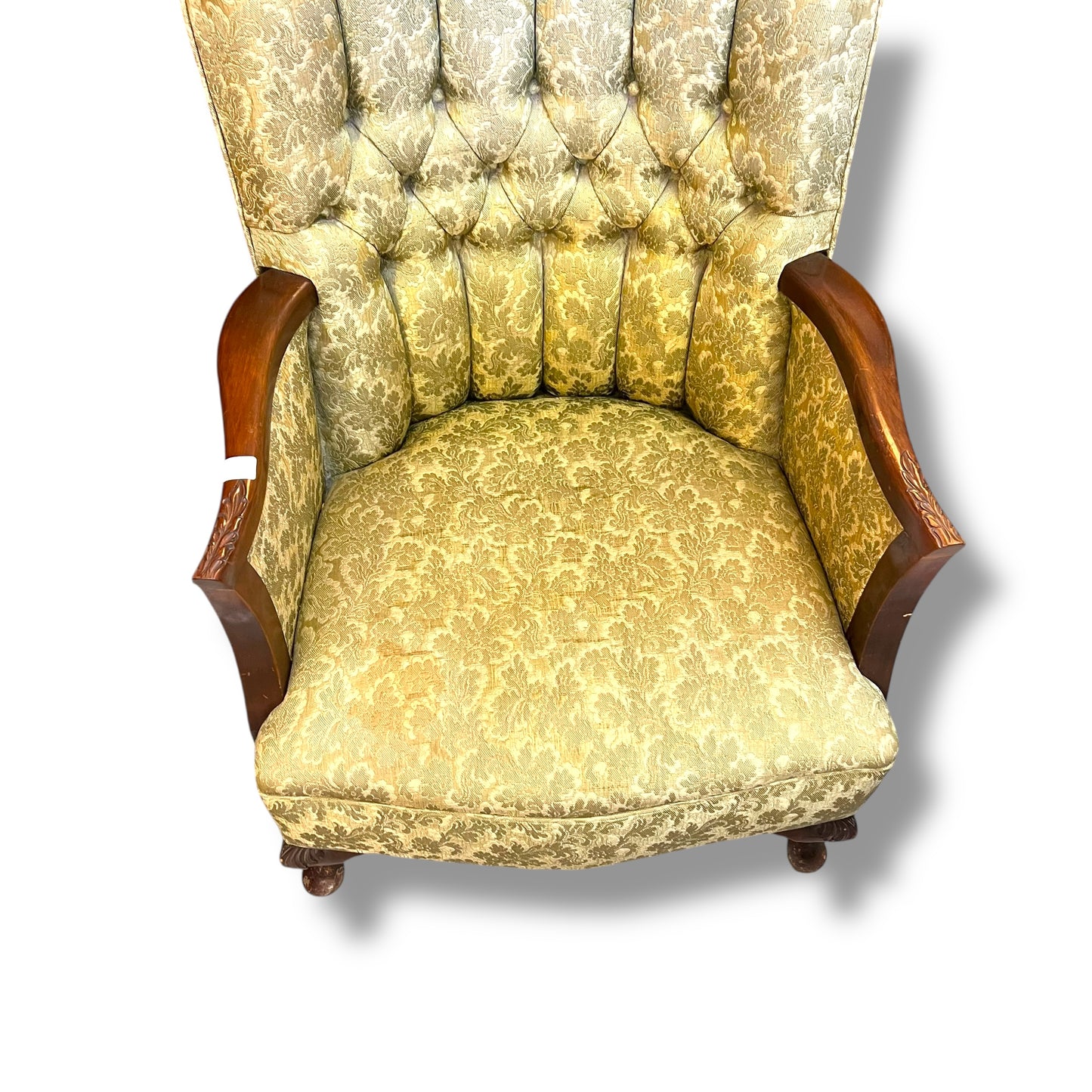 Antique Tufted Armchair – Ornate Timber Frame