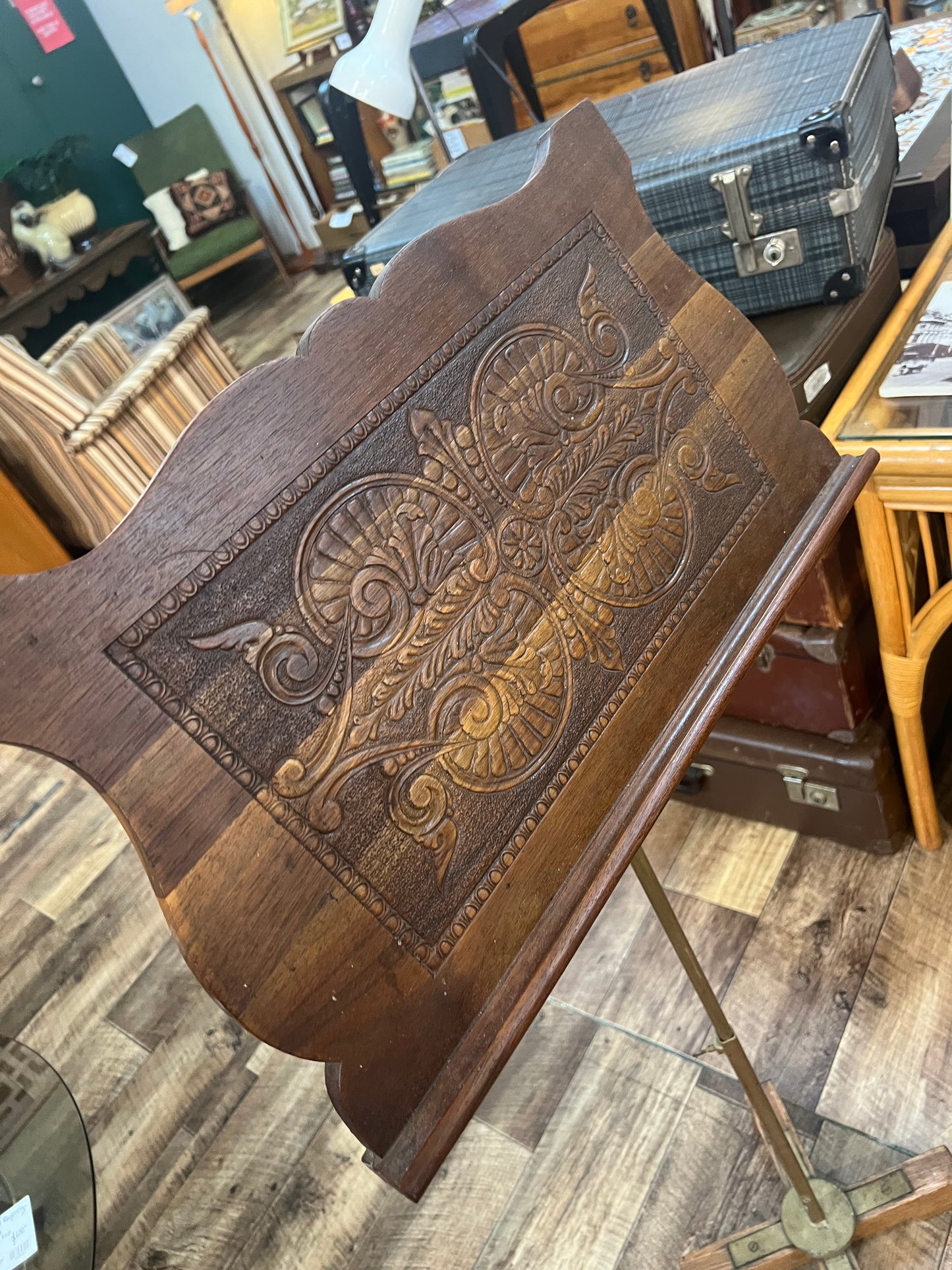 Adjustable Carved Timber Music Stand with Brass & Timber Base