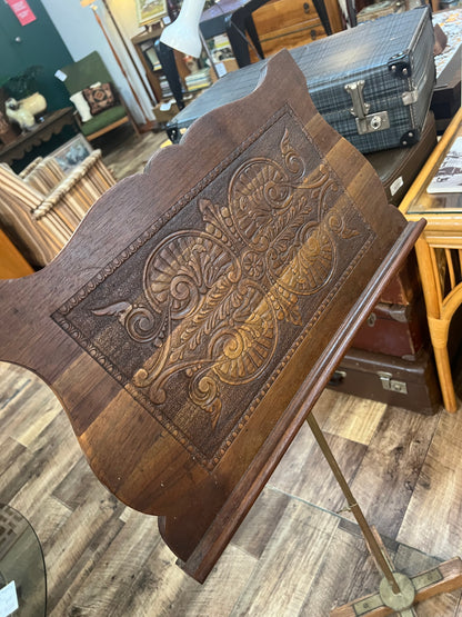 Adjustable Carved Timber Music Stand with Brass & Timber Base