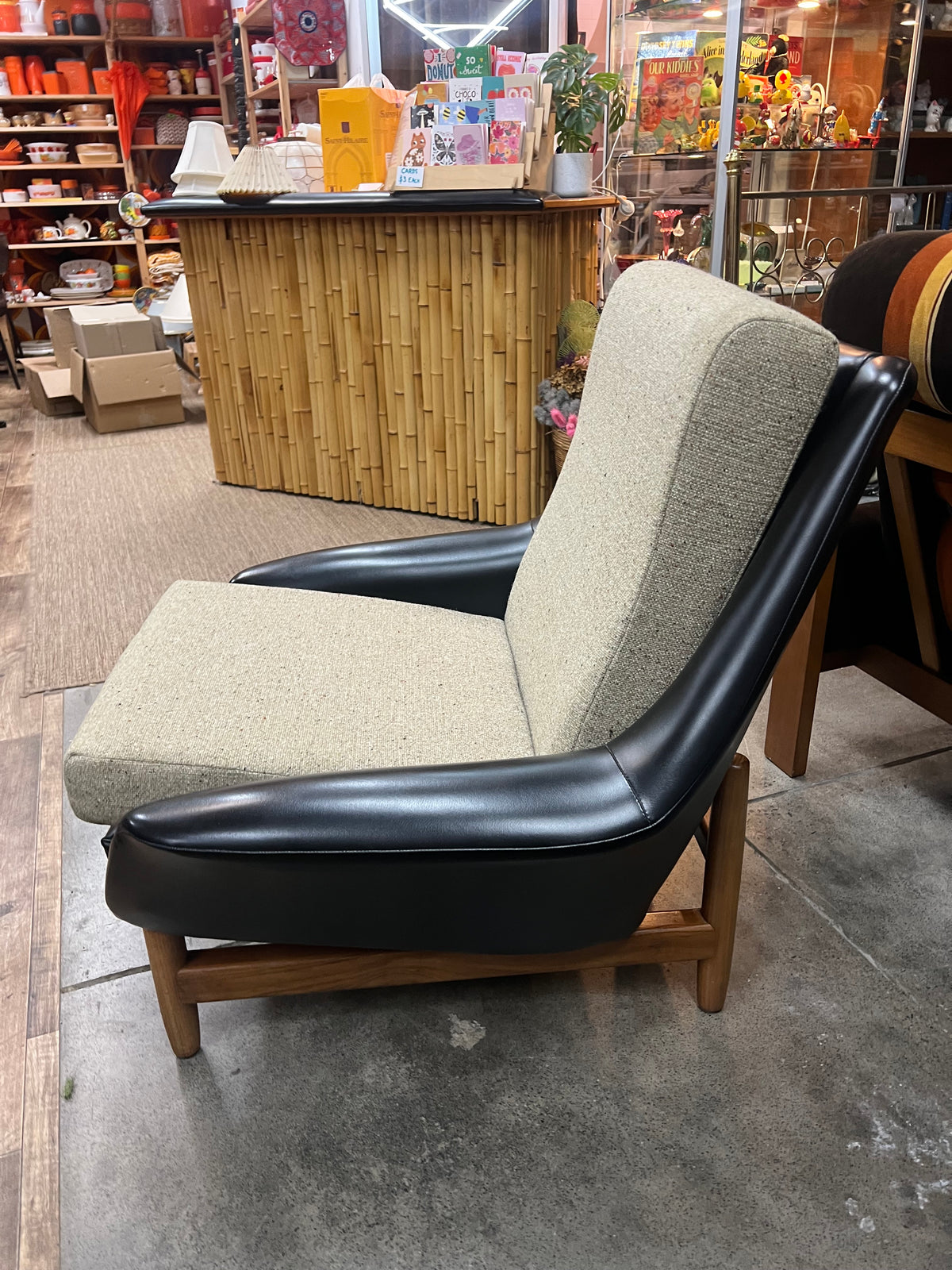 #1 Danish Deluxe Armchair – Black Vinyl & Cream Upholstery