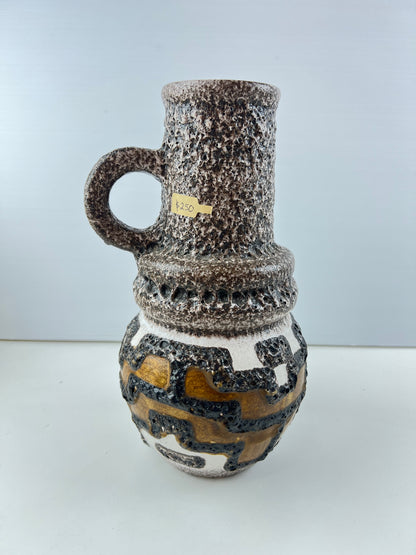West German Pottery Lava Glaze Handled Vase – Brown, White & Ochre