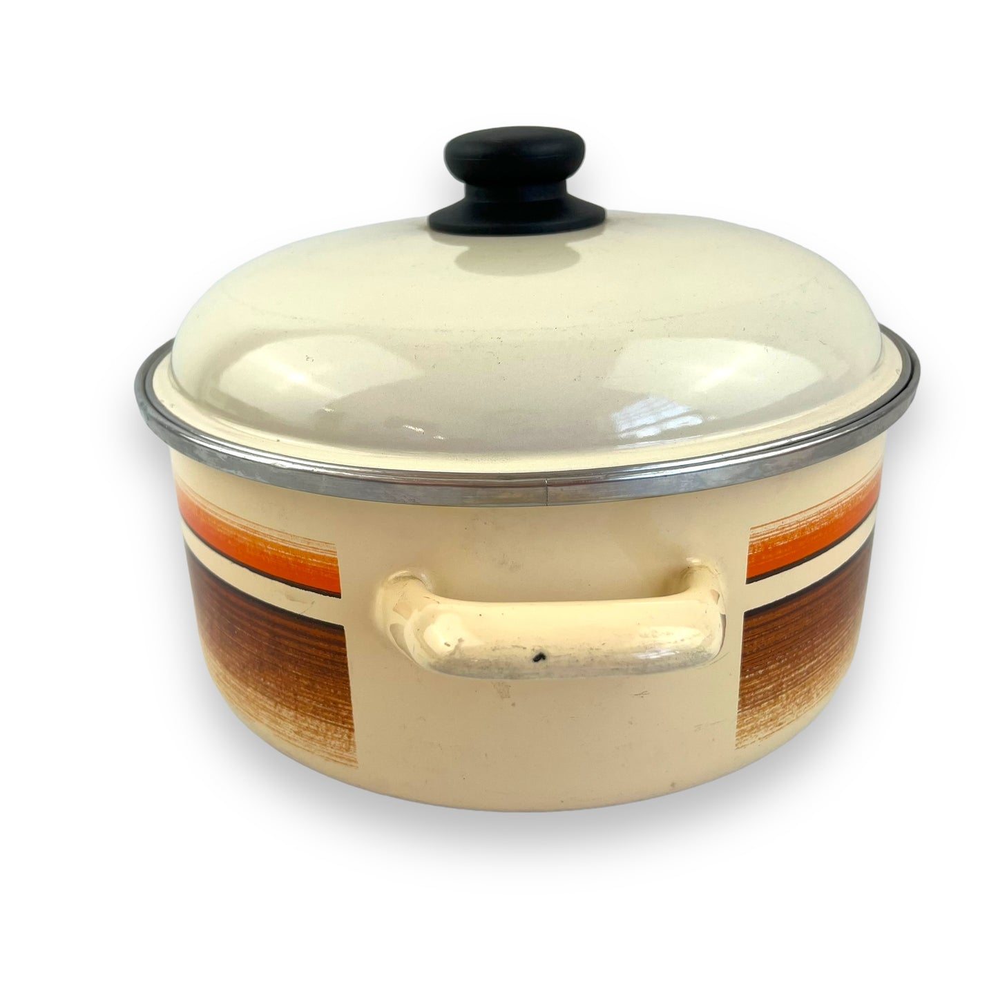 Orange and brown stripe cream coloured enamel cooking pot large