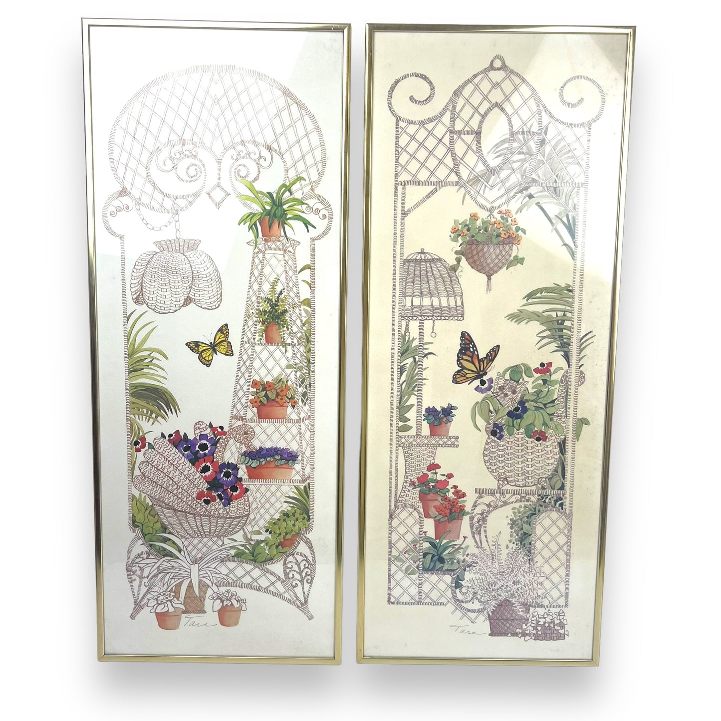 Butterfly Wicker Garden Prints x2 in brass frame