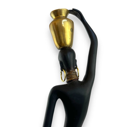 Karl Hagenauer Standing African Woman Brass Sculpture - Gold Skirt & Basket