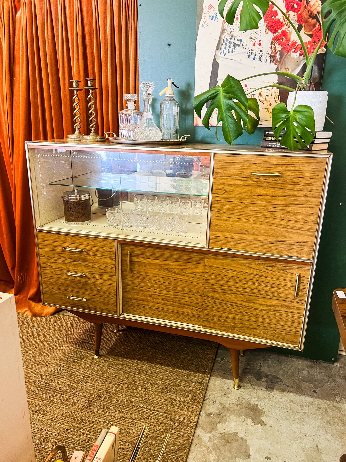 Cocktail Sideboard Cabinet with Glass Display and pull down bar section