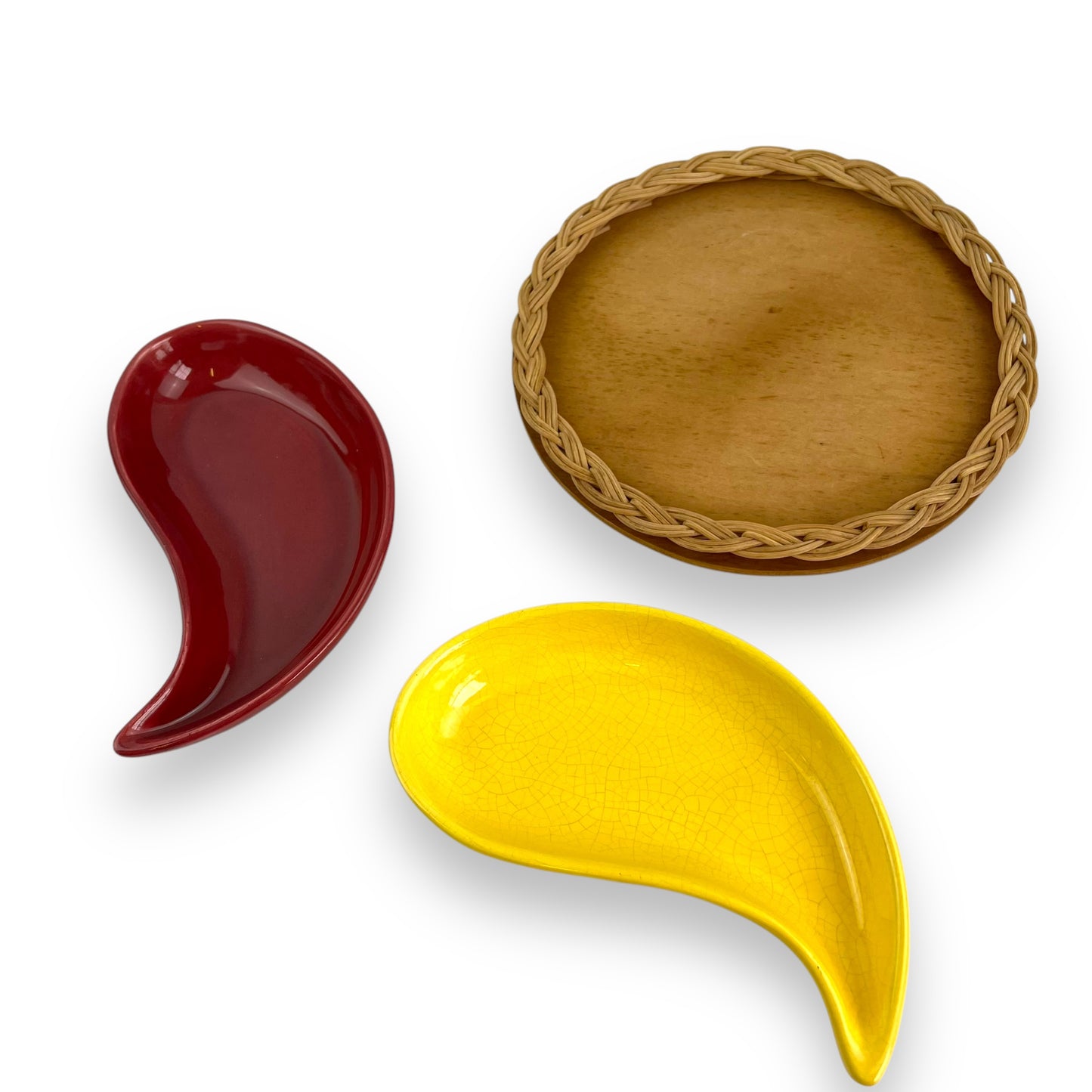 Yellow & Maroon ceramic snack tray on cane carrier