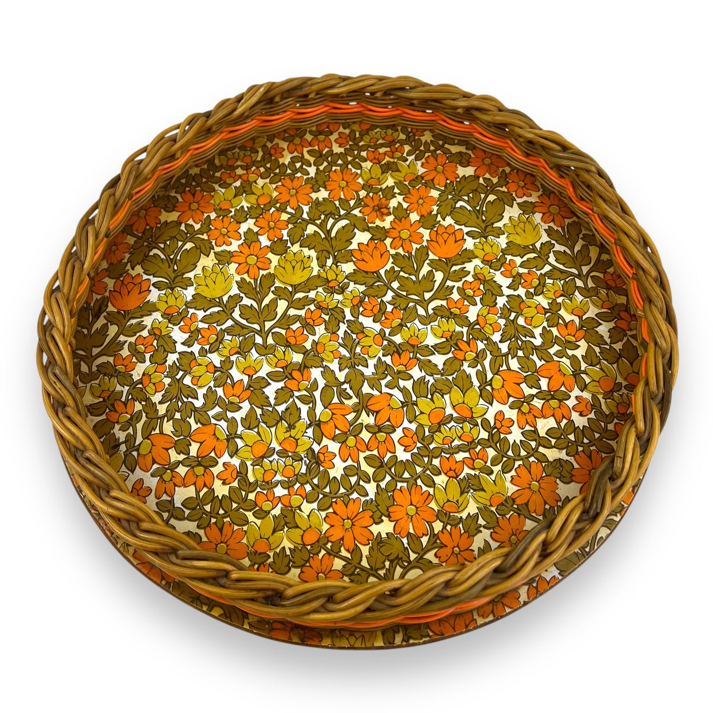 Orange flower round cane tray