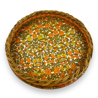 Orange flower round cane tray