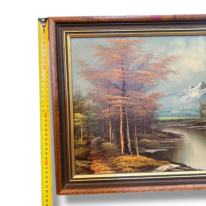 Autumn Forest by the Lake with Snow-Capped Mountains – Signed Reproduction by R. Pakins
