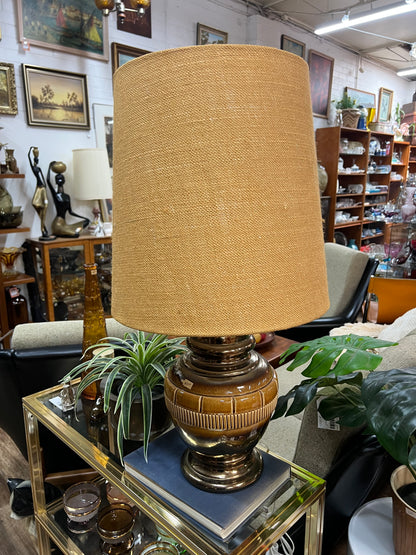 1970s Ceramic Table Lamp – Brown Glaze with hessian shade
