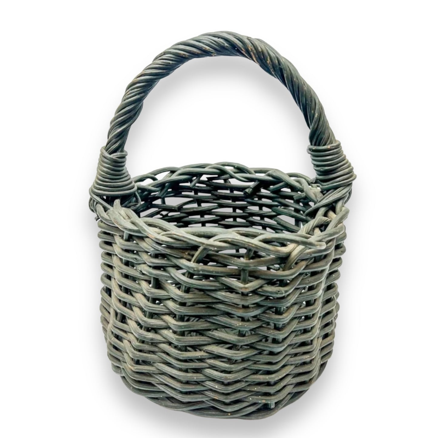 Small Green painted cane basket with handle. Rustic Elegant Decor.