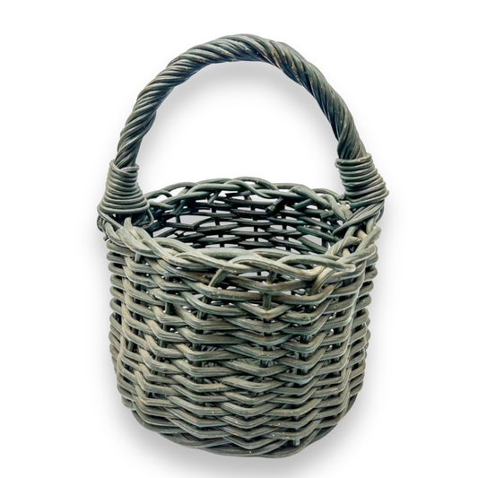 Small Green painted cane basket with handle. Rustic Elegant Decor.