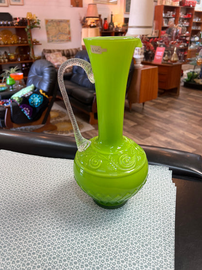Lime Green Art Glass Ewer Vase with Clear Applied Handle – Decorative Scroll Detail