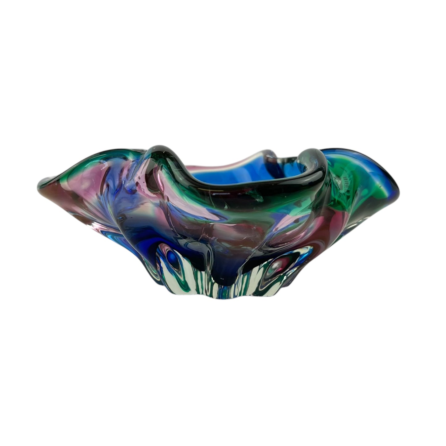 Green,pink & blue art glass dish
