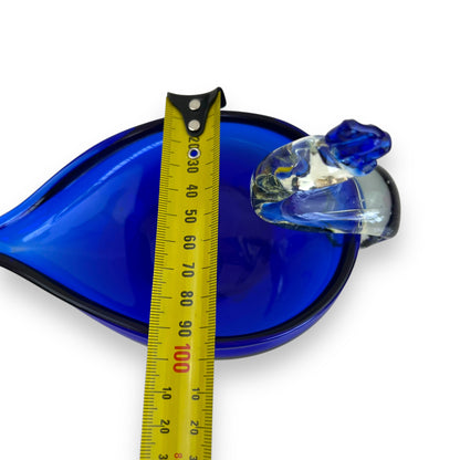 Hand Blown Vintage Blue Glass Art Peacock Swan Bird Trinket Bowl Dish Ashtray